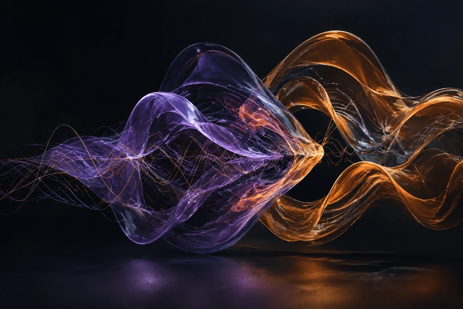 Intertwining violet and amber waveforms, concept artwork for BanterGeist